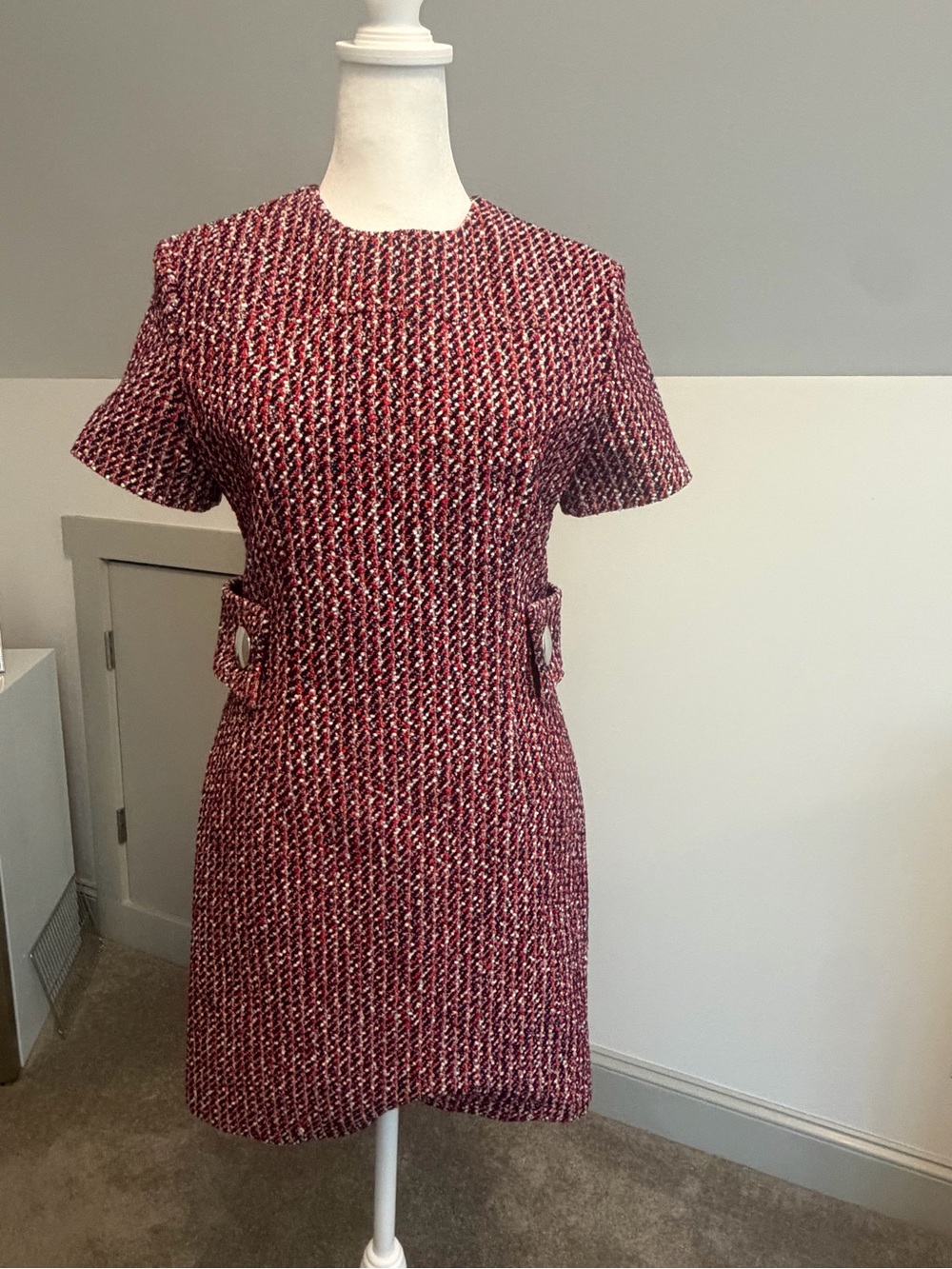 LOUIS VUITTON Red Navy Tweed Mini Dress Size 34 US 0 LV Logo Zip Pull Side Tabs